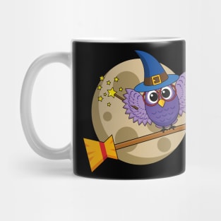 Cartoon Wizard Owl Flying on Broom Mug